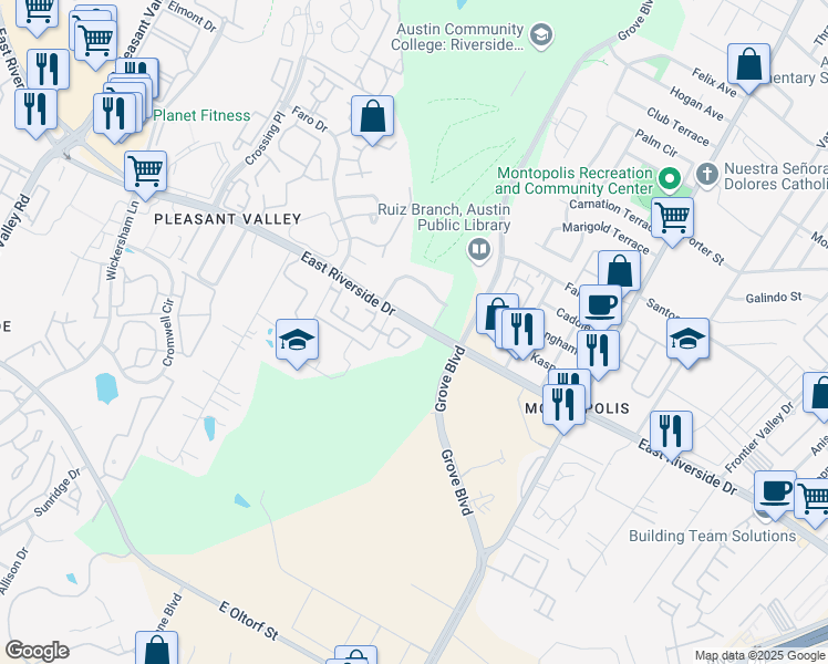 map of restaurants, bars, coffee shops, grocery stores, and more near 11 Rivers Edge Way in Austin