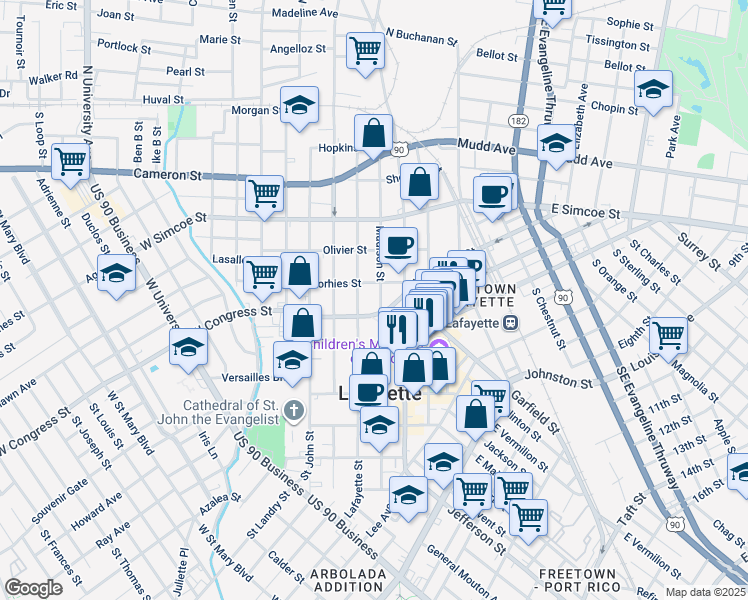 map of restaurants, bars, coffee shops, grocery stores, and more near 614 Madison Street in Lafayette