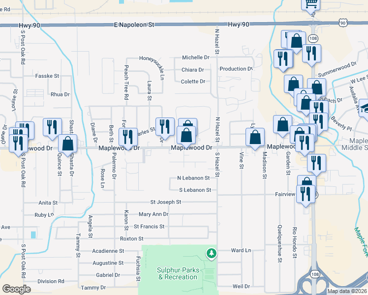 map of restaurants, bars, coffee shops, grocery stores, and more near 3408 Maplewood Drive in Sulphur