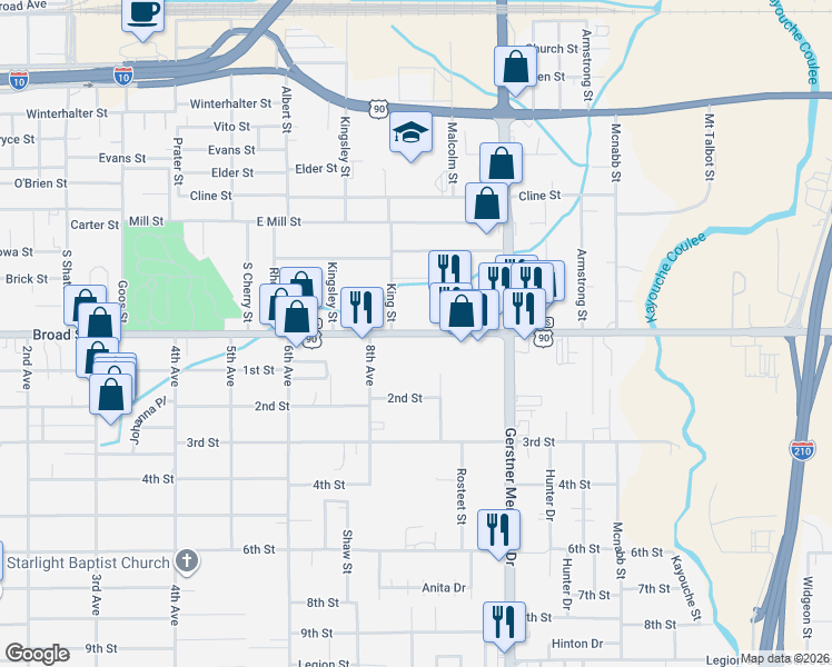 map of restaurants, bars, coffee shops, grocery stores, and more near 2401 Broad Street in Lake Charles