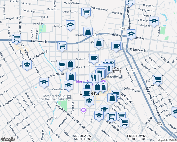 map of restaurants, bars, coffee shops, grocery stores, and more near 614 Madison Street in Lafayette