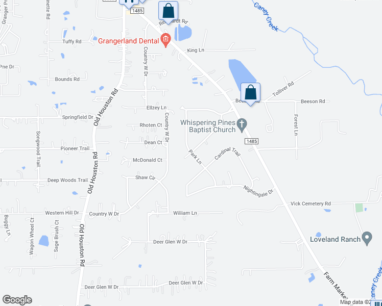 map of restaurants, bars, coffee shops, grocery stores, and more near Park Lane in Conroe