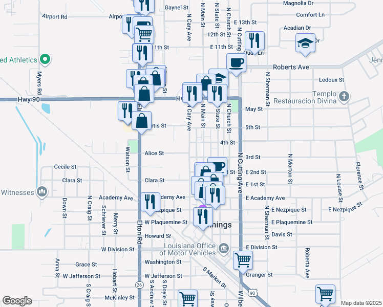 map of restaurants, bars, coffee shops, grocery stores, and more near 802 North Cary Avenue in Jennings