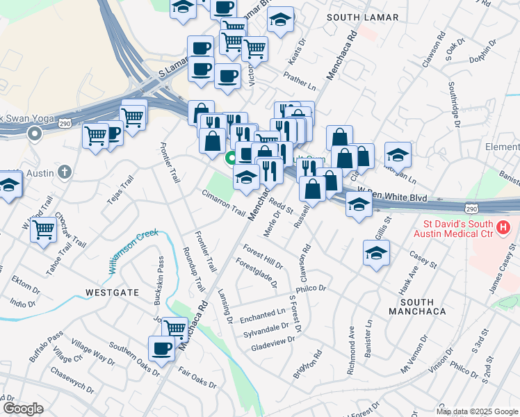 map of restaurants, bars, coffee shops, grocery stores, and more near 4415 Menchaca Road in Austin
