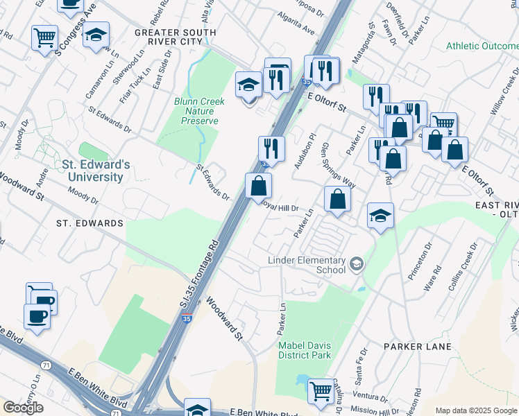 map of restaurants, bars, coffee shops, grocery stores, and more near 1626a Royal Hill Drive in Austin
