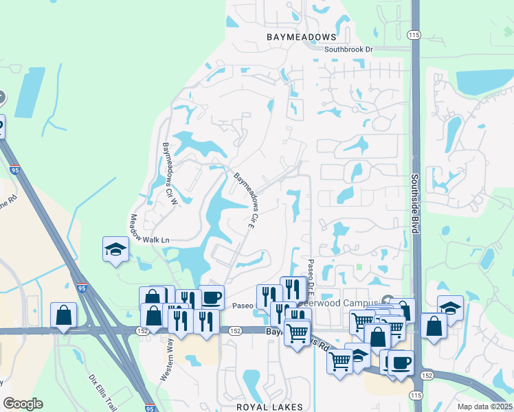 map of restaurants, bars, coffee shops, grocery stores, and more near 7900 Baymeadows Circle East in Jacksonville