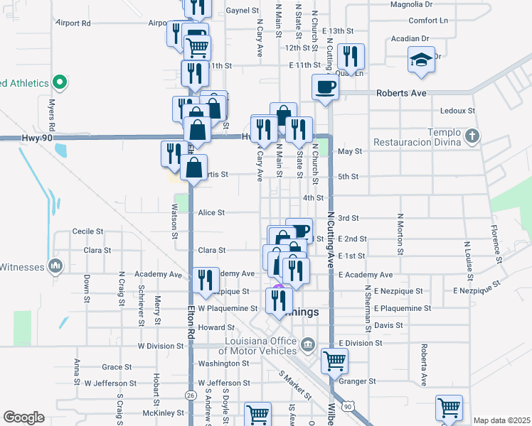 map of restaurants, bars, coffee shops, grocery stores, and more near 802 North Cary Avenue in Jennings