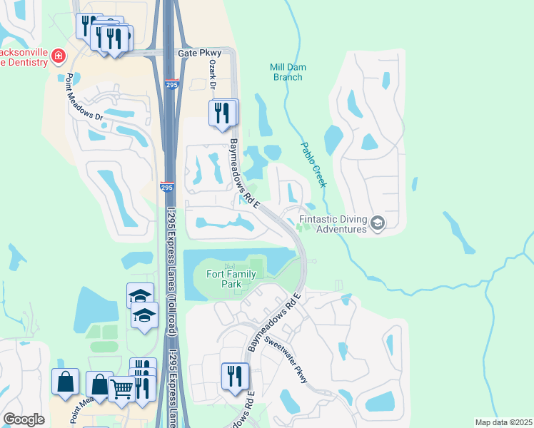 map of restaurants, bars, coffee shops, grocery stores, and more near 7990 Baymeadows Road East in Jacksonville