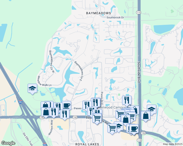map of restaurants, bars, coffee shops, grocery stores, and more near 9587 Mira Loma Drive in Jacksonville