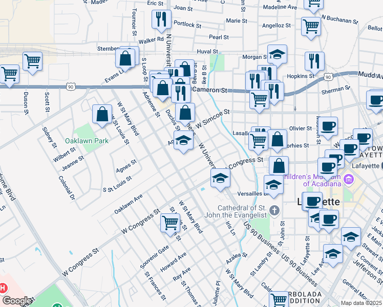 map of restaurants, bars, coffee shops, grocery stores, and more near 107 Duclos Street in Lafayette