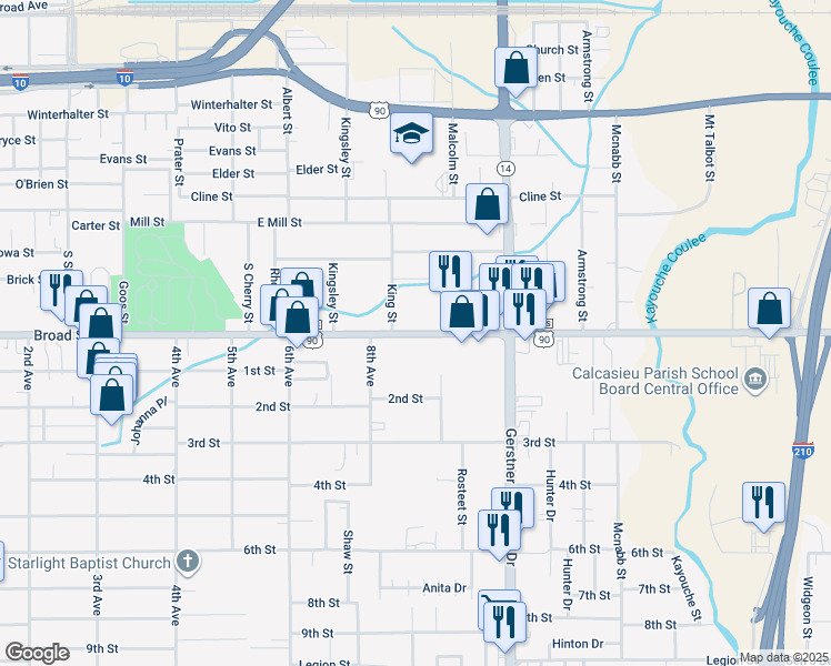 map of restaurants, bars, coffee shops, grocery stores, and more near 2401 Broad Street in Lake Charles