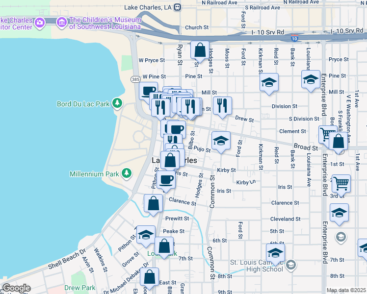map of restaurants, bars, coffee shops, grocery stores, and more near 825 Bilbo Street in Lake Charles