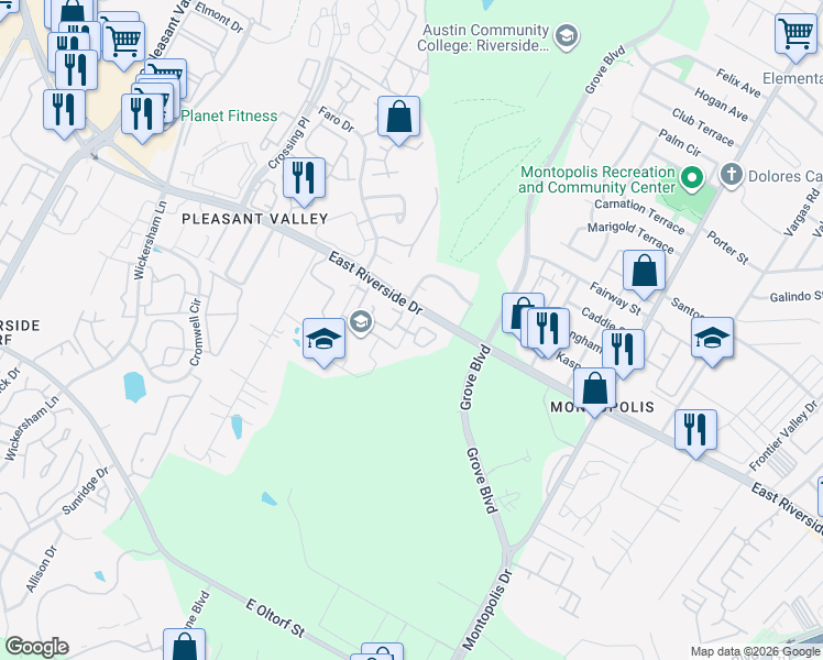 map of restaurants, bars, coffee shops, grocery stores, and more near 5607 East Riverside Drive in Austin