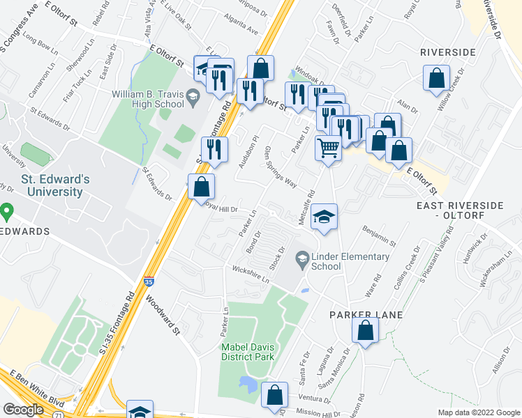 map of restaurants, bars, coffee shops, grocery stores, and more near in Austin