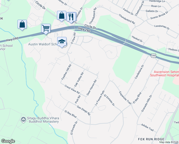 map of restaurants, bars, coffee shops, grocery stores, and more near 8715 South View Road in Austin