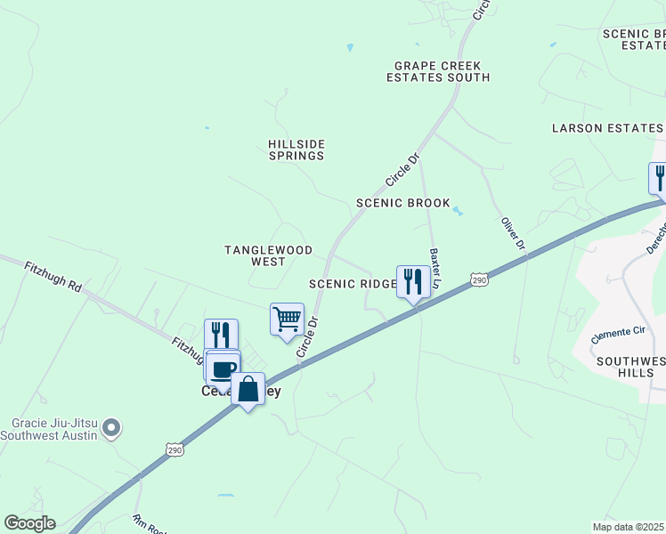 map of restaurants, bars, coffee shops, grocery stores, and more near 10900 Tangleridge Circle in Austin