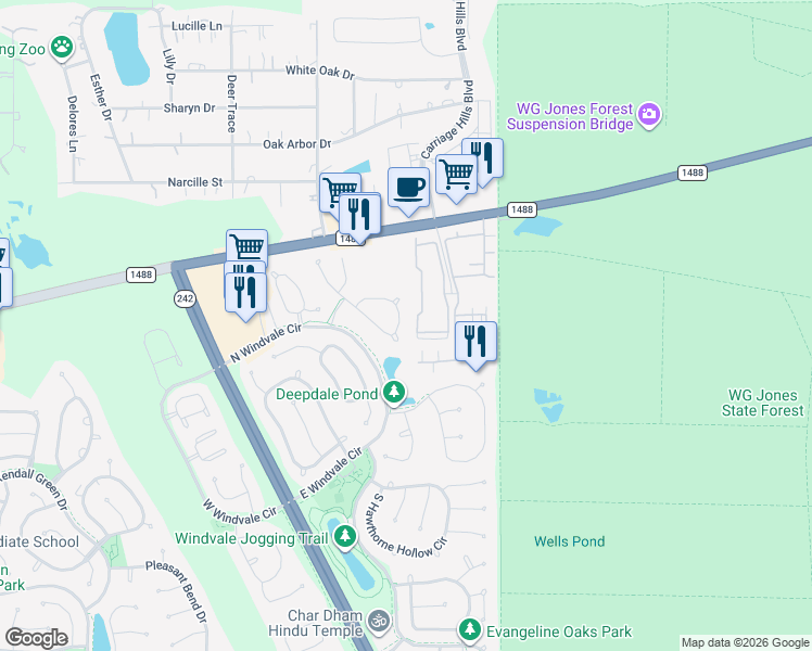 map of restaurants, bars, coffee shops, grocery stores, and more near 71 North Merryweather Circle in Conroe