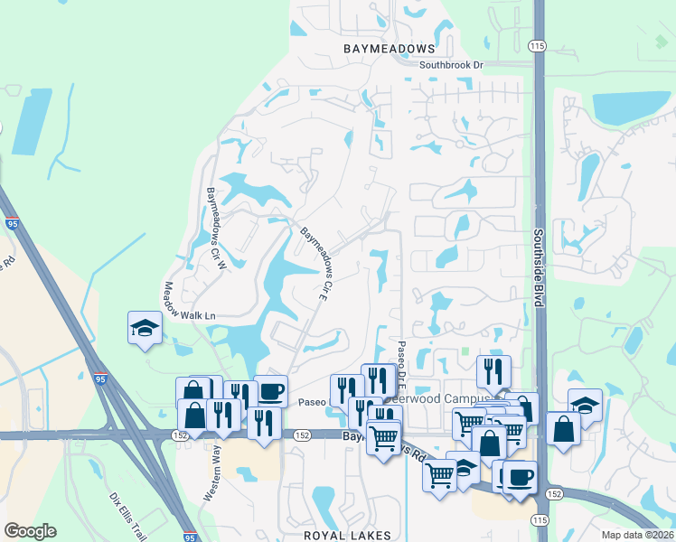 map of restaurants, bars, coffee shops, grocery stores, and more near 9587 Mira Loma Drive in Jacksonville
