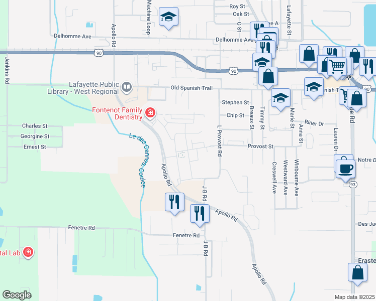 map of restaurants, bars, coffee shops, grocery stores, and more near 245 L Provost Road in Scott