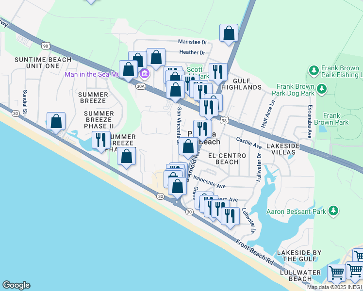 map of restaurants, bars, coffee shops, grocery stores, and more near 205 San Vincente Street in Panama City Beach