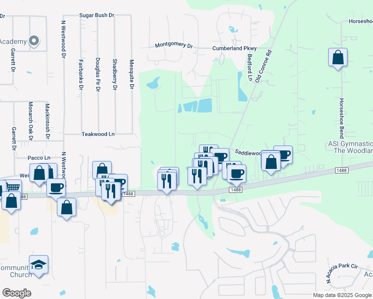 map of restaurants, bars, coffee shops, grocery stores, and more near 450 Woodland Square Boulevard in Conroe