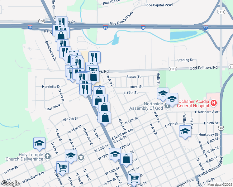 map of restaurants, bars, coffee shops, grocery stores, and more near 1701 North Avenue I in Crowley