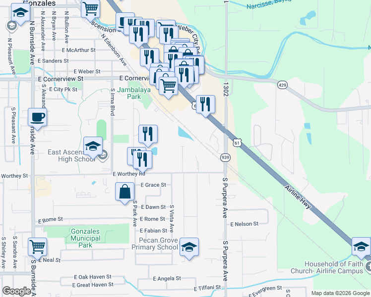map of restaurants, bars, coffee shops, grocery stores, and more near 721 South Audubon Place Avenue in Gonzales