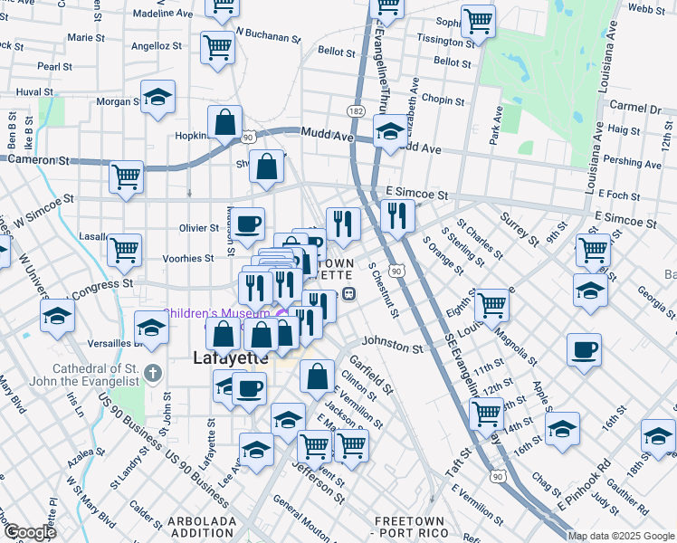 map of restaurants, bars, coffee shops, grocery stores, and more near in Lafayette