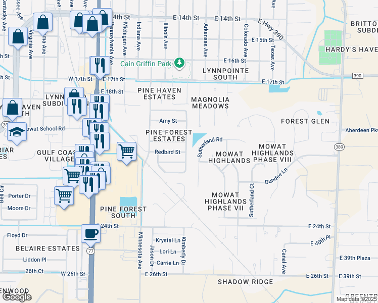 map of restaurants, bars, coffee shops, grocery stores, and more near 738 East Pine Forest Drive in Lynn Haven