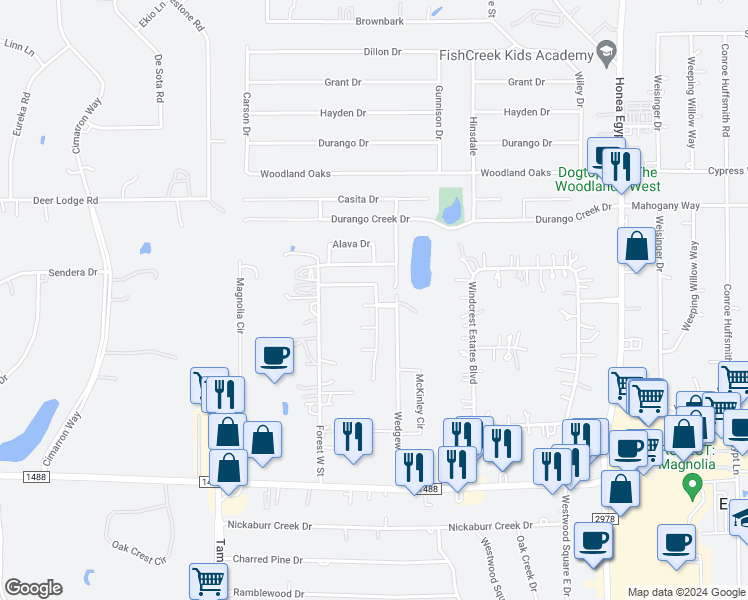 map of restaurants, bars, coffee shops, grocery stores, and more near 7202 Cool Spring Court in Magnolia