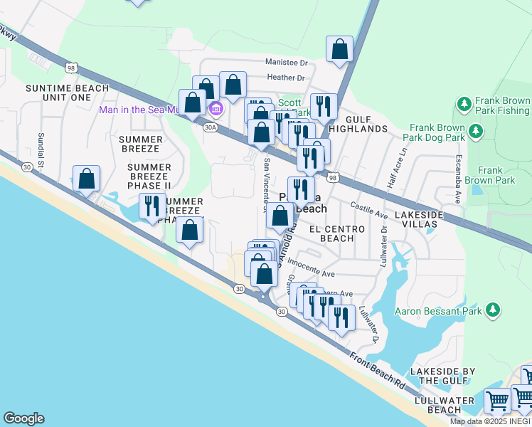 map of restaurants, bars, coffee shops, grocery stores, and more near 134 San Vincente Street in Panama City Beach