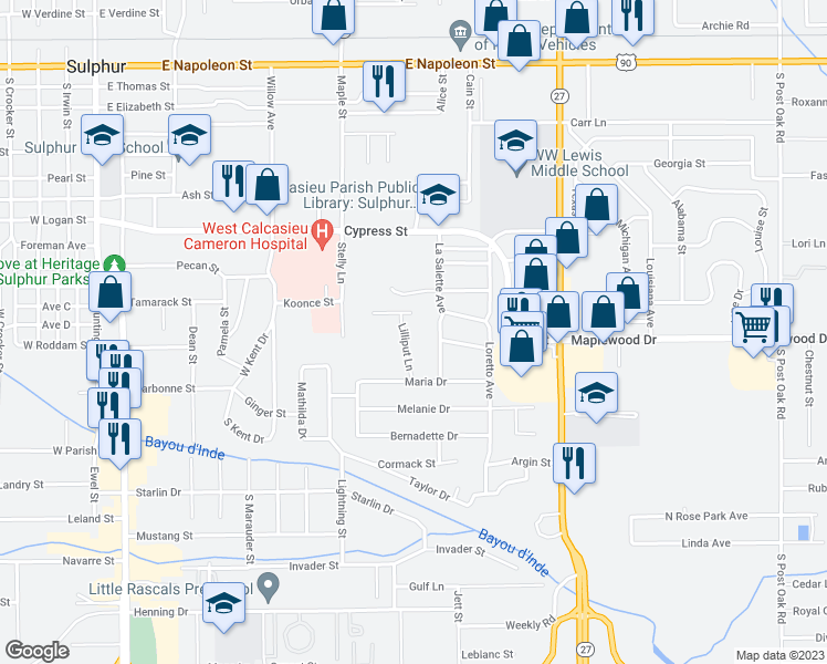 map of restaurants, bars, coffee shops, grocery stores, and more near 1312 Lilliput Lane in Sulphur