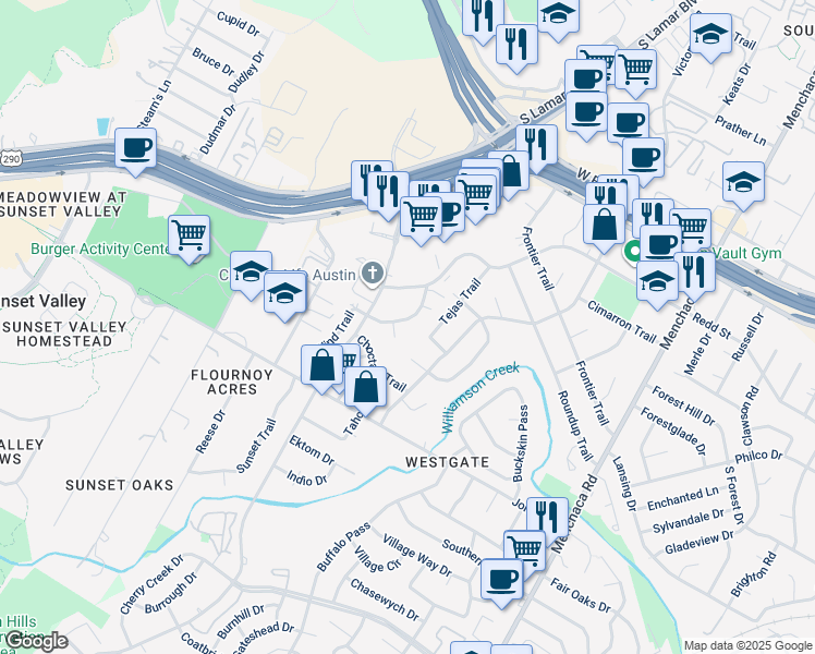 map of restaurants, bars, coffee shops, grocery stores, and more near 4707 Sagebrush Trail in Austin