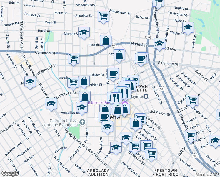 map of restaurants, bars, coffee shops, grocery stores, and more near 518 South Pierce Street in Lafayette