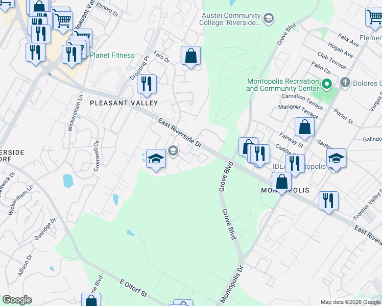map of restaurants, bars, coffee shops, grocery stores, and more near 5607 East Riverside Drive in Austin