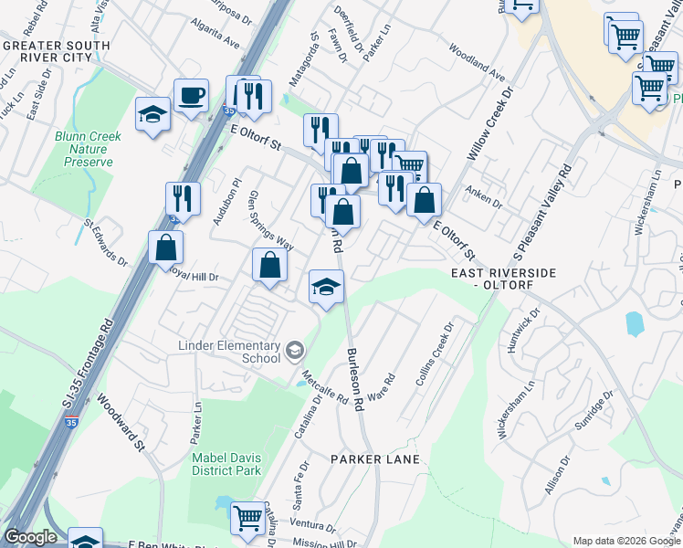 map of restaurants, bars, coffee shops, grocery stores, and more near 2508 Burleson Road in Austin