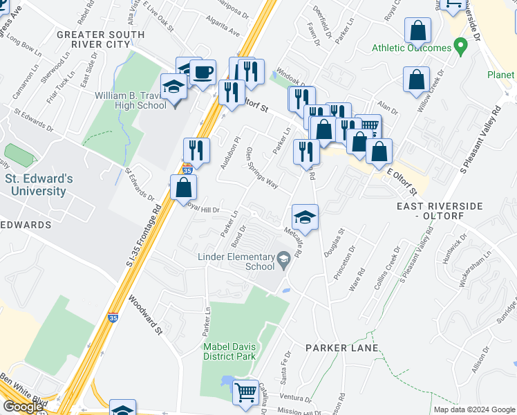 map of restaurants, bars, coffee shops, grocery stores, and more near 2610 Metcalfe Road in Austin