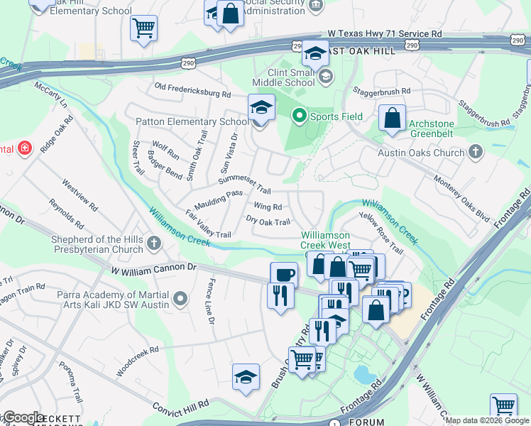 map of restaurants, bars, coffee shops, grocery stores, and more near 4911 Wing Road in Austin