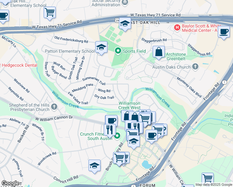 map of restaurants, bars, coffee shops, grocery stores, and more near 6211 Sunkist Lane in Austin