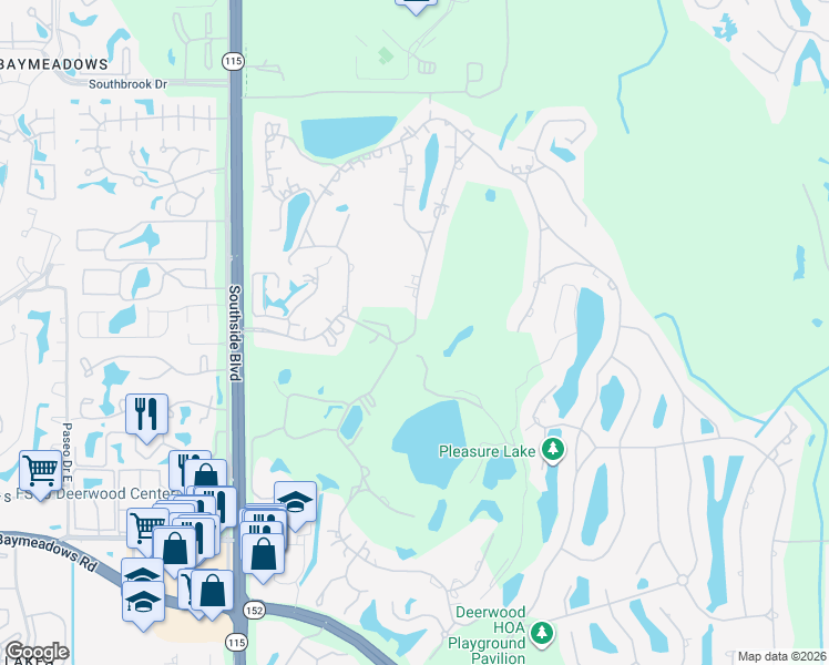 map of restaurants, bars, coffee shops, grocery stores, and more near Hollyridge Road in Jacksonville
