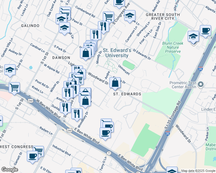 map of restaurants, bars, coffee shops, grocery stores, and more near 311 Woodward Street in Austin