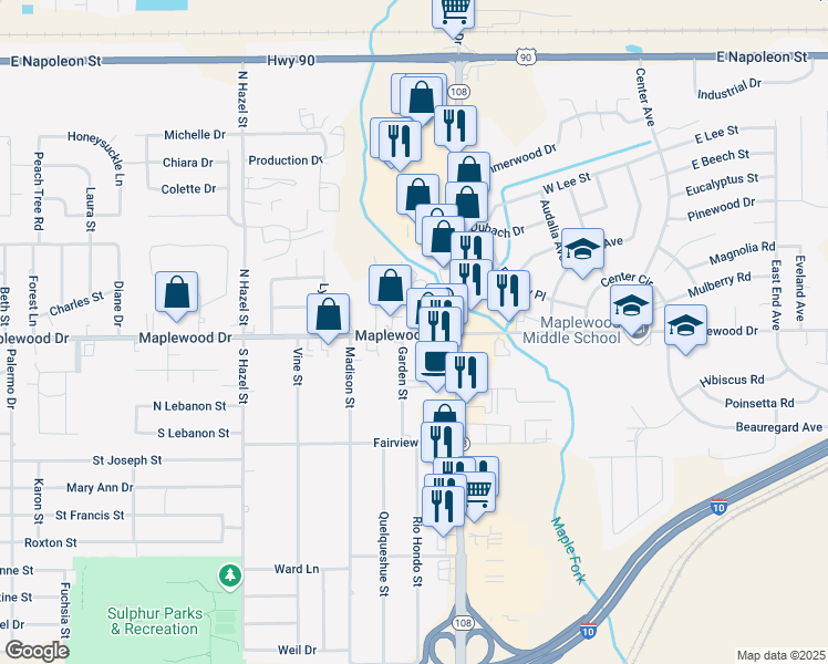 map of restaurants, bars, coffee shops, grocery stores, and more near 198 Advent Street in Sulphur