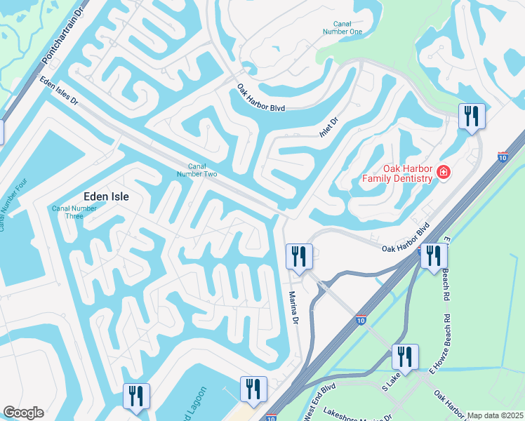 map of restaurants, bars, coffee shops, grocery stores, and more near 450 Eden Isles Drive in Slidell