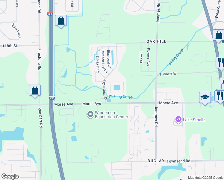 map of restaurants, bars, coffee shops, grocery stores, and more near 6679 Gentle Oaks Drive West in Jacksonville