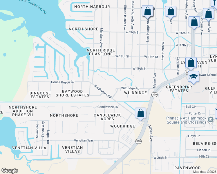 map of restaurants, bars, coffee shops, grocery stores, and more near 507 Northshore Circle in Lynn Haven
