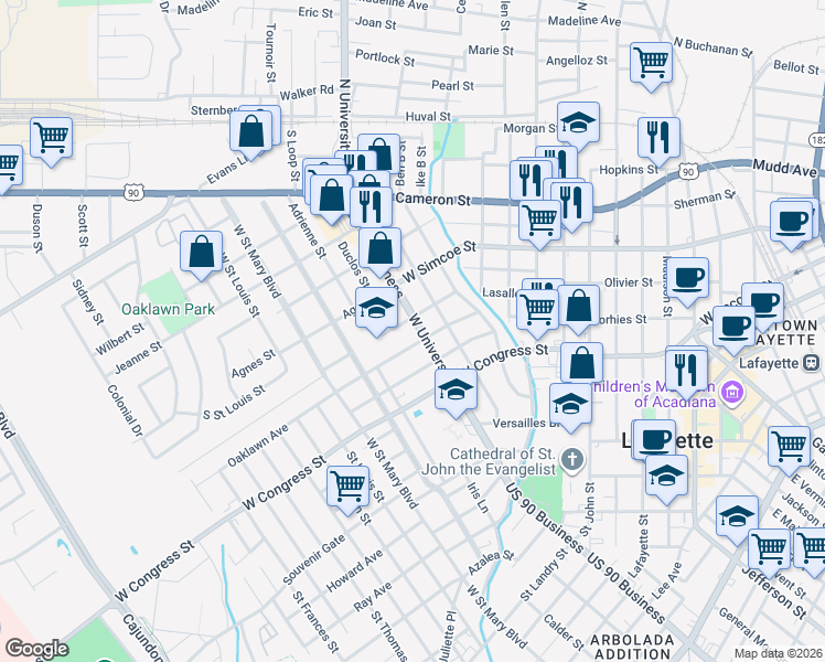 map of restaurants, bars, coffee shops, grocery stores, and more near 1613 West University Avenue in Lafayette