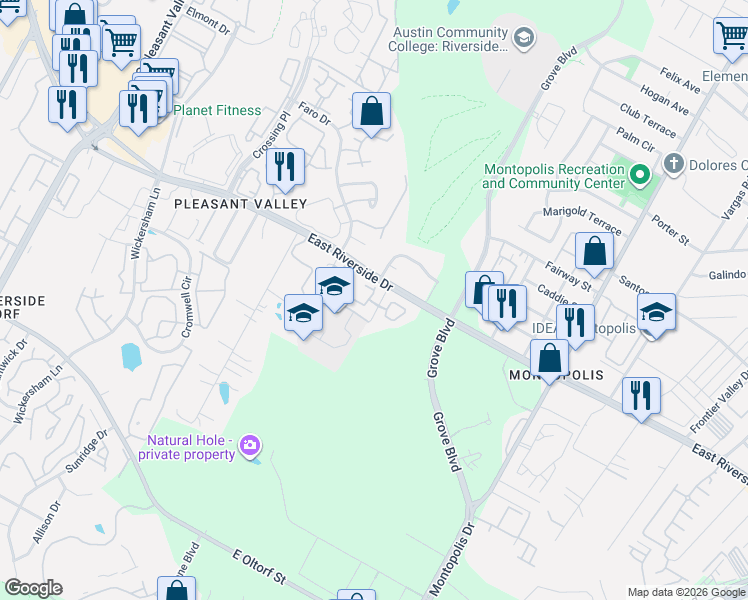 map of restaurants, bars, coffee shops, grocery stores, and more near 5607 East Riverside Drive in Austin