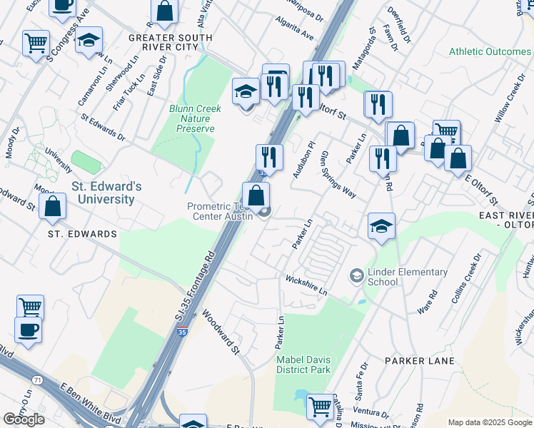 map of restaurants, bars, coffee shops, grocery stores, and more near 1626a Royal Hill Drive in Austin