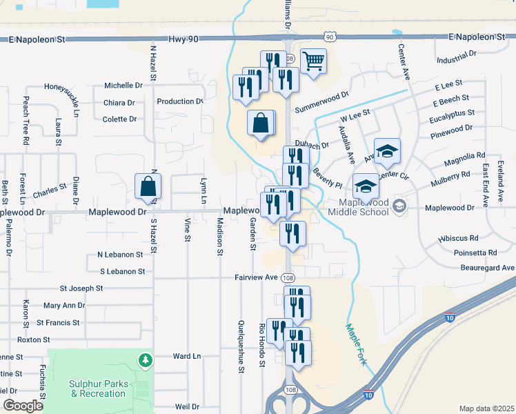 map of restaurants, bars, coffee shops, grocery stores, and more near 2-198 Advent Street in Sulphur