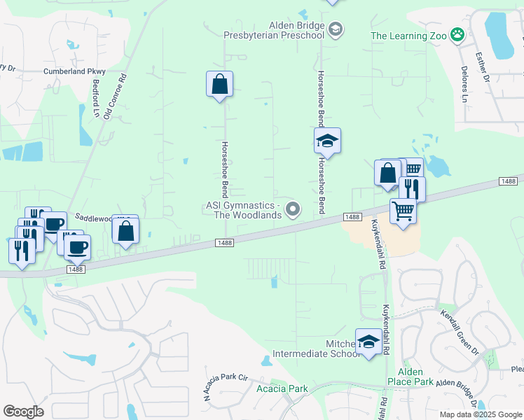 map of restaurants, bars, coffee shops, grocery stores, and more near 15487 Pin Oak Drive in Shenandoah